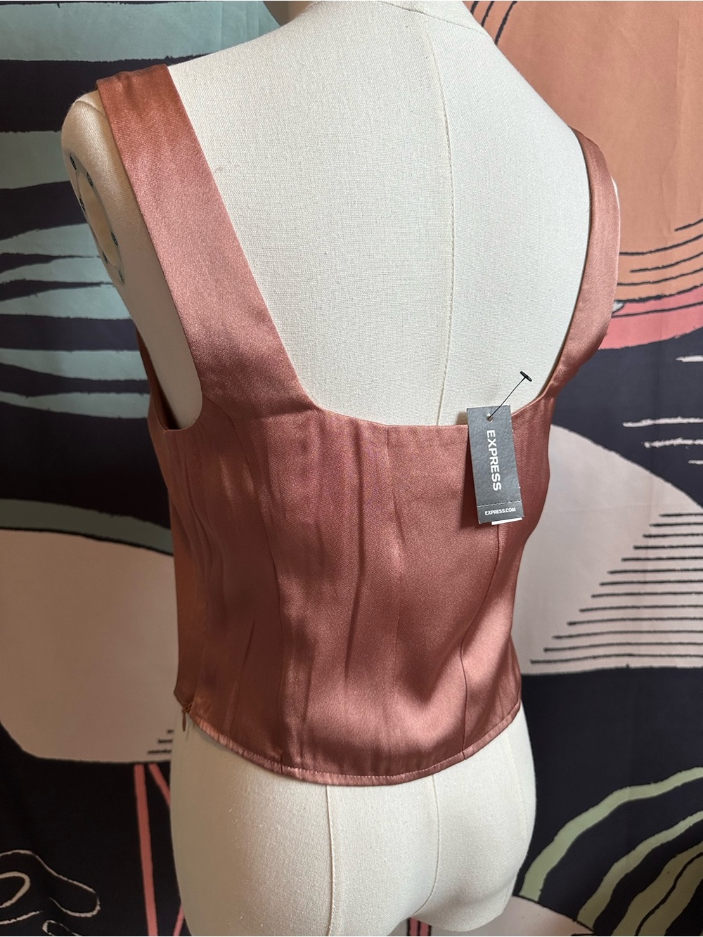 Satin Square-Neck Dusty Rose Crop Top with Corset Outline size Small - Picture 2 of 5